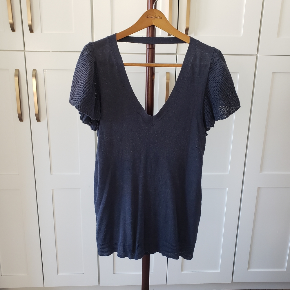 Frenchi Blouse Deep Blue Linen V-Neck Top